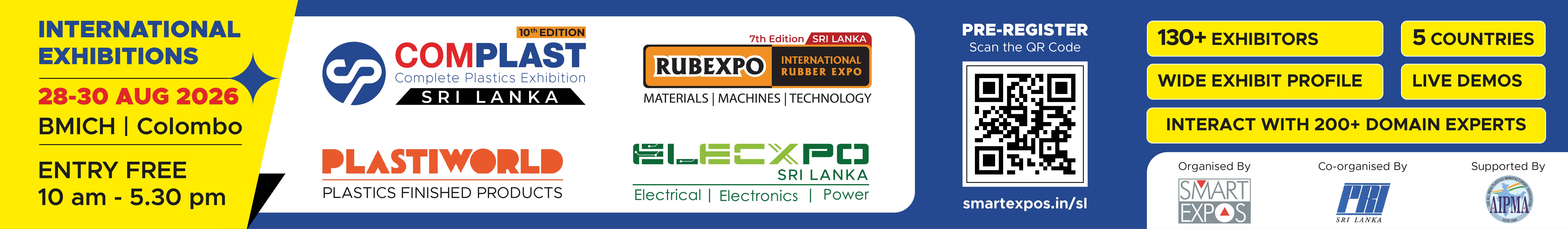 COMPLAST · RUBEXPO · PLASTIWORLD · ELECXPO Sri Lanka 2026 — 28–30 August 2026, BMICH Colombo